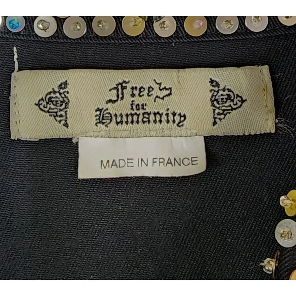 Free For Humanity Shirt Womens Small Black Sequined Button Up Short Sleeve Retro - Picture 3 of 9